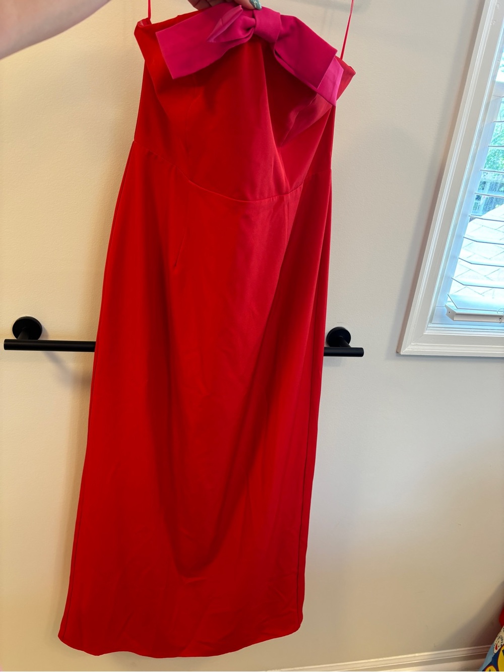 Strapless Red Midi Dress with Pink Bow Accent